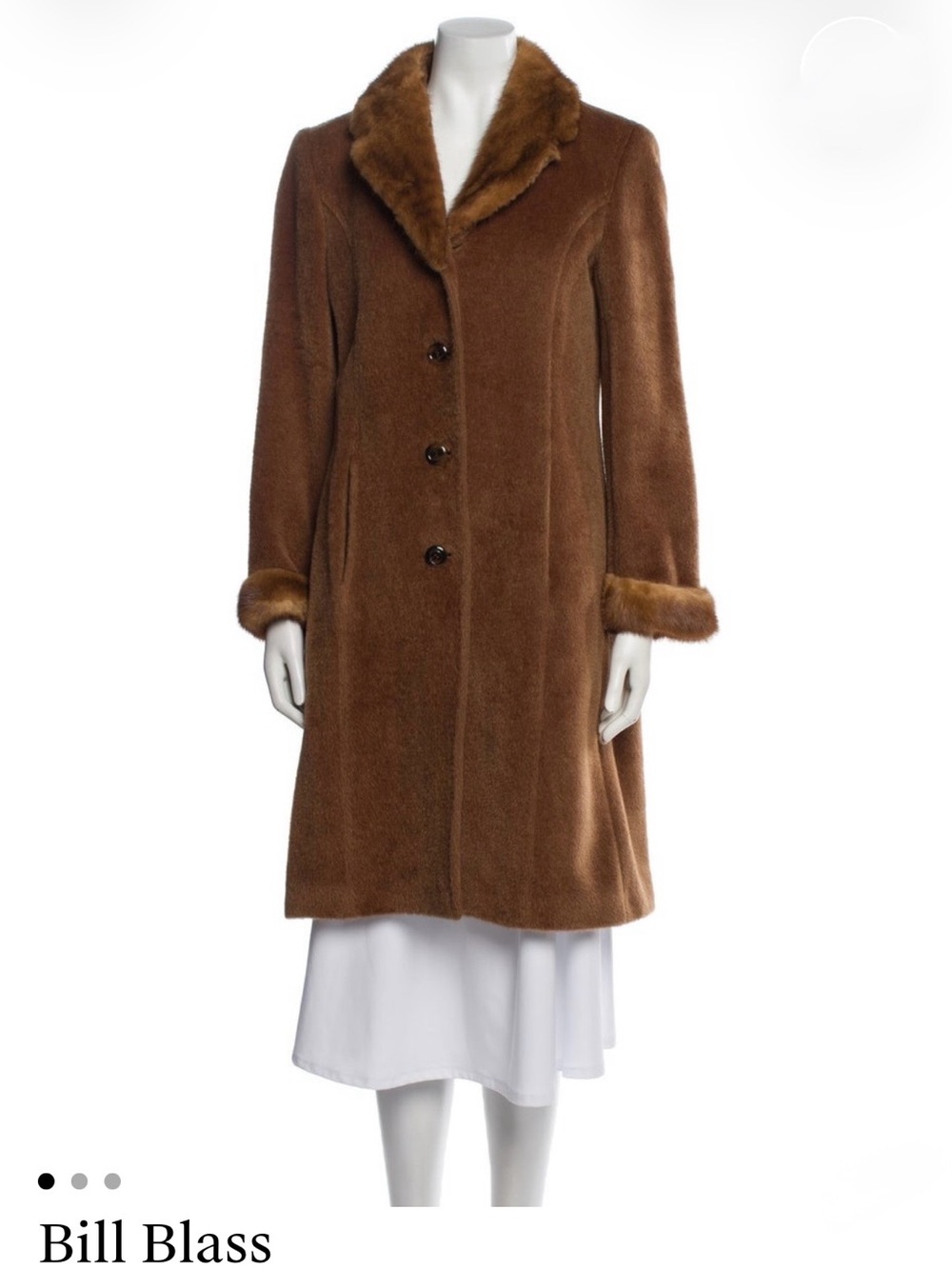 bill blass brown llama & faux fur-trimmed wool trench coat, size 6